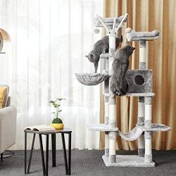 FEANDREA Cat Tree, Large Cat Tower, 64.6 Inches, Cat Activity Center with Hammock, Basket, Removable Fur Ball Sticks, Cat Condo
