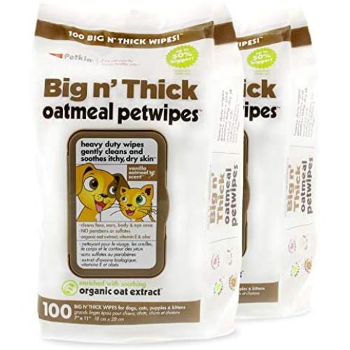 Petkin Pet Wipes – Big n Thick Extra Large Oatmeal Pet Wipes – Cleans Face, Ears, Body and Eye Area – Super Convenient, Ideal for Home or Travel- Wipes for