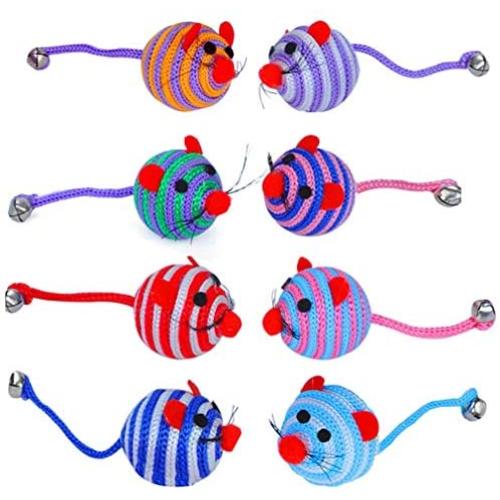 Pudwy Lovely Stripe Nylon Rope Round Ball Mouse Long Tail Bell Pet Cat Bite Play Toy Cat Supplies