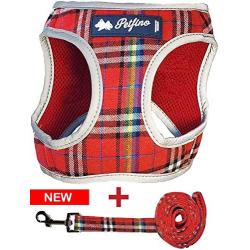 Petfino Step-in Dog Harness with Matching Leash for Extra Small to Medium Dogs All Weather Soft Breathable Mesh for Ultra Comfort Reflective Plaid Red