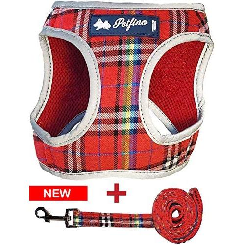 Petfino Step-in Dog Harness with Matching Leash for Extra Small to Medium Dogs All Weather Soft Breathable Mesh for Ultra Comfort Reflective Plaid Red