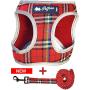 Petfino Step-in Dog Harness with Matching Leash for Extra Small to Medium Dogs All Weather Soft Breathable Mesh for Ultra Comfort Reflective Plaid Red