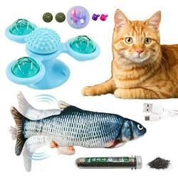 senyouth 3 PCS Chewing Cat Toy Sets, Rotatable & Luminous, Chewable and Massage, Fun Interactive Kitten Toys Including Realistic Swing Fish, Windmill Turntable with Bell, Organic Catnip