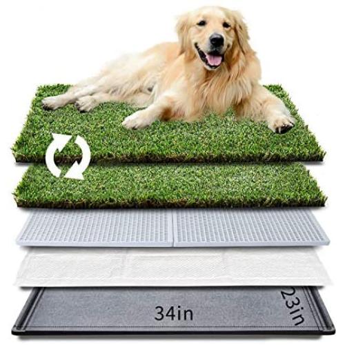 HQ4us Dog Grass pad with Tray Large Dog Litter Box Toilet 34”×23”, 2×Artificial Grass for Dogs ,Pee pad, Realistic, Bite Resistance Turf, Less Stink, Potty for Balcony,