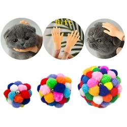 JpGdn 3Pcs Cat Toy Balls Kitten Pompon Ball with Bells Soft Wool Felt Ball Colorful Interactive Playing Chewing Training Teaser Toy