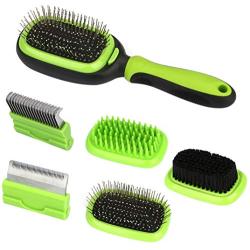 Dematting Comb, Welltop 5 in 1 Pet Grooming Brush, Dog Grooming Brush and Deshedding Tool Dual Side Pet Brush, Including Dematting Comb, Deshedding Comb, Bristle Brush, Pin Brush, Massage Brush
