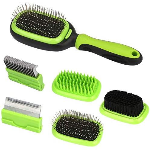 Dematting Comb, Welltop 5 in 1 Pet Grooming Brush, Dog Grooming Brush and Deshedding Tool Dual Side Pet Brush, Including Dematting Comb, Deshedding Comb, Bristle Brush, Pin Brush, Massage Brush