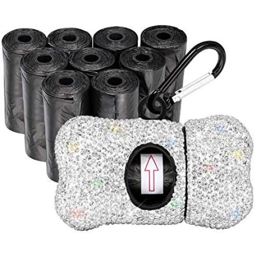 SAVORI Dog Poop Bag Holder Bling Rhinestone Poop Bag Leash Dispenser for Pet Dog Doggy Waste Bags with Metal Carabiner Clip Includes 10 Roll 150 Bags