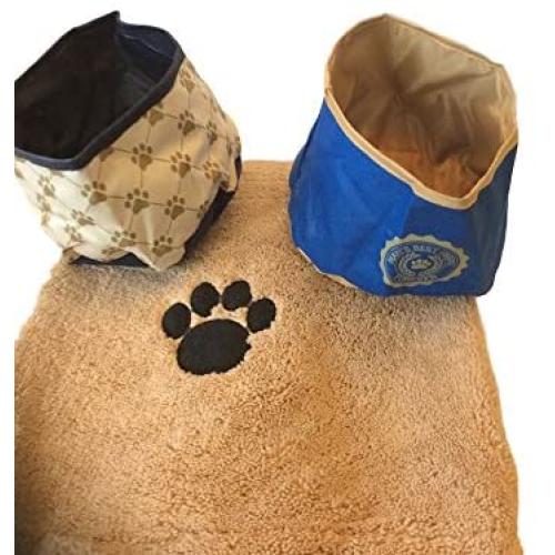 Butler in the Home Dog Drying Towel Paw Print 34'' x 25'' Super Absorbent Includes Bonus 2 Pack of Travel Portable Dog Food Bowls