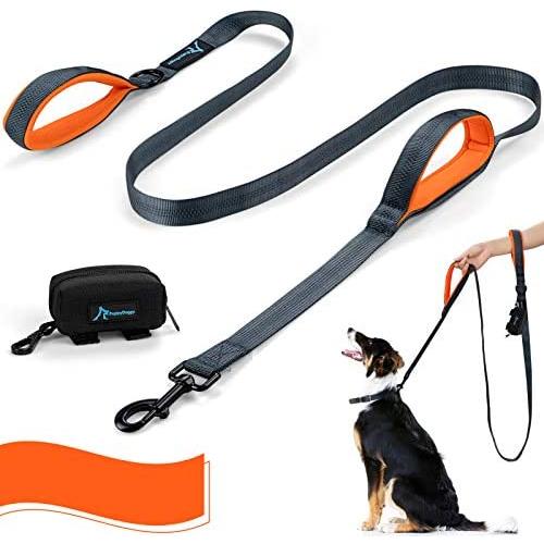 PuppyDoggy Double Handle Dog Leash 6 ft Long for Large and Medium Dogs Reflective Threads Stitching Leash with Two Traffic Padded Handles & Poop Bag Dispenser for Walking , Training (Orange)