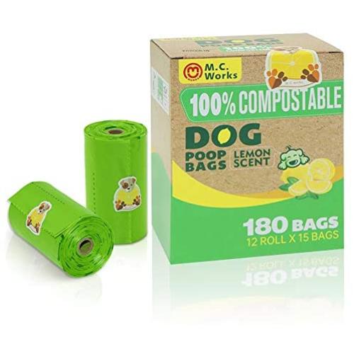 M.C.works 100% Compostable Dog Poop Bags, Extra Thick Pet Dog Waste Bags, 12 Refill Rolls, 180 Counts, Earth Friendly Highest ASTM D6400, Europe OK Compost Home Certified, Lemon Scent.