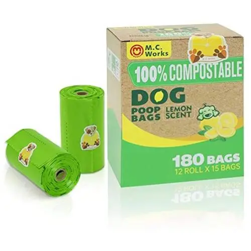 M.C.works 100% Compostable Dog Poop Bags, Extra Thick Pet Dog Waste Bags, 12 Refill Rolls, 180 Counts, Earth Friendly Highest ASTM D6400, Europe OK Compost Home Certified, Lemon Scent.