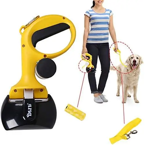 Hptmus Pooper Scooper Dog Pooper Scooper Pet Pooper Scooper for Large and Small Dogs Jaw Pooper Scooper with 15Pcs Garbage Bags, 1Pc Dog Leash（Yellow）