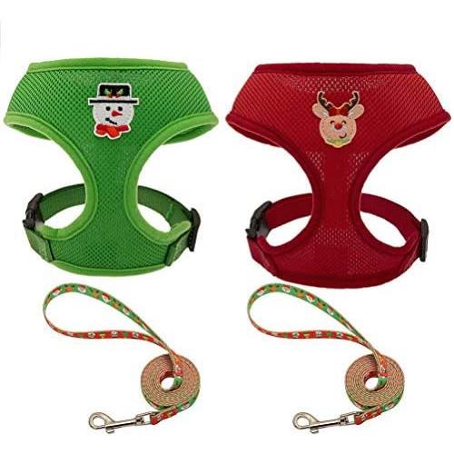 SCENEREAL Christmas Dog Harness Vest with Leash Set 2 Packs -Holiday Adjustable Soft Mesh Harnesses Snowman Elk Pattern Label Green Red Medium