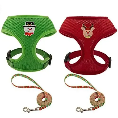 SCENEREAL Christmas Dog Harness Vest with Leash Set 2 Packs -Holiday Adjustable Soft Mesh Harnesses Snowman Elk Pattern Label Green Red Medium SCENEREAL Christmas Dog Harness Vest with Leash Set 2 Packs -Holiday Adjustable Soft Mesh Harnesses Snowman Elk Pattern Label Green Red Medium