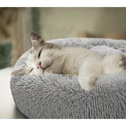 Toneed Soft Calming Donut Dog Cat Bed in Fluffy Fur, Puppy Sleeping Pet Bedding for Cozy Cuddler Kennel Bed
