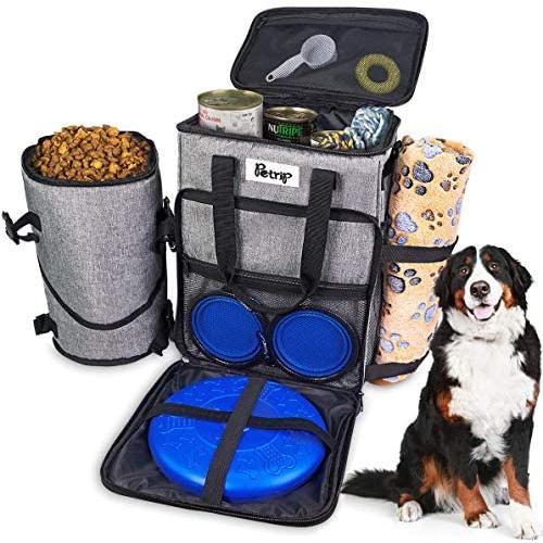 Dog Travel Bag, Travel Dog Bag Organizer, Airplane Approved Pet Carrier Backpack, Pet Travel Tote with 1 Dog Treat Pouch, 2 Collapsible Dog Bowls, 1 Pet Blanket and 1 Dog Frisbee