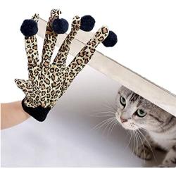 Pet Toy Cat Teaser Gloves, Ji Speed Cat Kitten Play& Scratching Gloves With Plush Balls, Leopard Pattern Funny Cat Kitten Interactive Toy 5 Fingers, 1 Pair