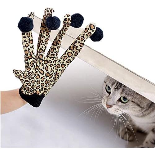 Pet Toy Cat Teaser Gloves, Ji Speed Cat Kitten Play& Scratching Gloves With Plush Balls, Leopard Pattern Funny Cat Kitten Interactive Toy 5 Fingers, 1 Pair
