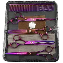 LILYS PET Professional PET Dog Grooming Titanium Scissors Set,Straight & Curved & Thinning & Chunker Scissors with 1 Grooming Comb for Dog Cat and More Pets Grooming (Purple)