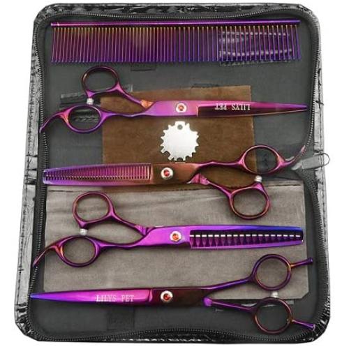 LILYS PET Professional PET Dog Grooming Titanium Scissors Set,Straight & Curved & Thinning & Chunker Scissors with 1 Grooming Comb for Dog Cat and More Pets Grooming (Purple)