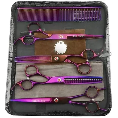 LILYS PET Professional PET Dog Grooming Titanium Scissors Set,Straight & Curved & Thinning & Chunker Scissors with 1 Grooming Comb for Dog Cat and More Pets Grooming (Purple) LILYS PET Professional PET Dog Grooming Titanium Scissors Set,Straight & Curved & Thinning & Chunker Scissors with 1 Grooming Comb for Dog Cat and More Pets Grooming (Purple)