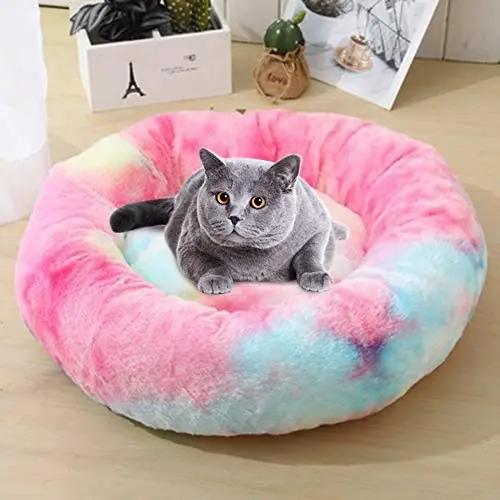 CHZHENG Colorful Rainbow Cat Bed, Round Long Plush Dog Bed Soft Winter Warm Soft Puppy Deep Sleeping Cushio CHZHENG Colorful Rainbow Cat Bed, Round Long Plush Dog Bed Soft Winter Warm Soft Puppy Deep Sleeping Cushio