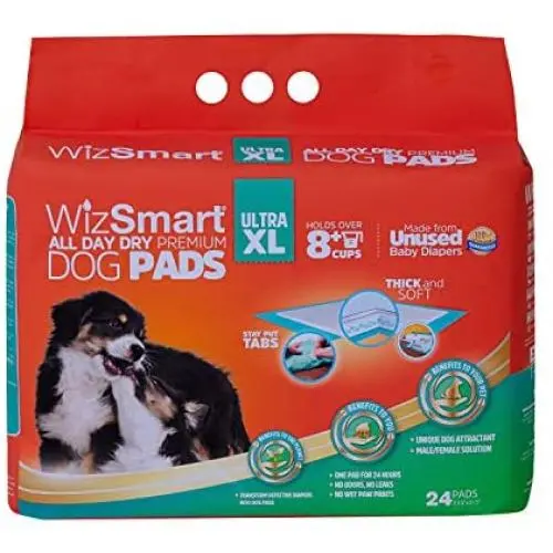 WizSmart All Day Dry Premium Dog and Puppy Training Pads, Made with Recycled Unused Baby Diapers and Eco Friendly Materials (10 Cup Ultra XL, 24 ct) WizSmart All Day Dry Premium Dog and Puppy Training Pads, Made with Recycled Unused Baby Diapers and Eco Friendly Materials (10 Cup Ultra XL, 24 ct)
