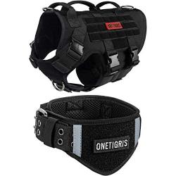 OneTigris Large Tactical Dog Harness and Collar Set, No Pulling Adjustable Dog Vest Harness, Heavy Duty Dog Harness with 3 Handles(Black,L)