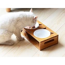 LePet Elevated Dog Cat Bowls, Raised Pet Feeder Solid Bamboo Stand Perfect for Cats and Small Dogs (Plane)