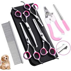 Dog Grooming Scissors Kit with Safety Round Tip, 7 in 1 Heavy Duty Stainless Steel Pet Grooming Scissors Set -Thinning Straight Curved Shears and Comb for Long Short Hair for Dog Cat Pet