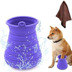 Idepet Dog Paw Cleaner Cup with Towel Pet Foot Washer Protable Dog Cleaning Brush for Puppy Cats Massage Grooming Dirty Claw (Purple)