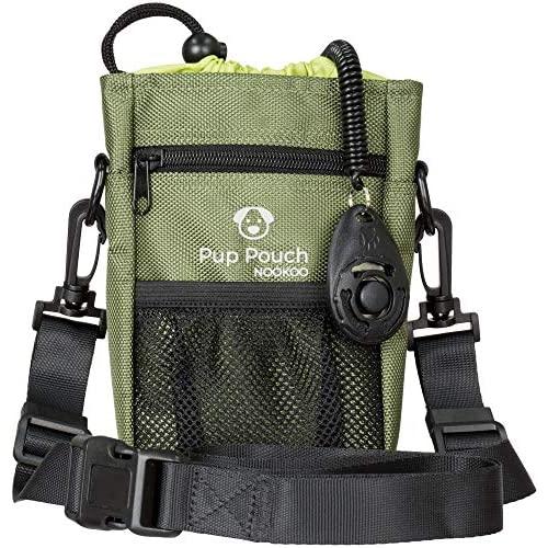 Dog Clicker Treat Walking Training Pouch Bag Bonus Clicker Trainer - Built-in Double Poop Bag Dispenser, Drawstring Closure - Carries Balls, Toys, Treats - 3 Ways to Wear