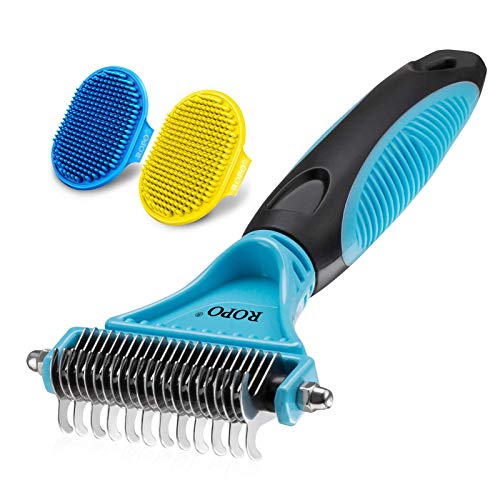 Dog grooming brush + pet grooming comb rake, ROPO pet shampoo brush, brush soothing massage rubber comb Double-sided pet grooming comb for removing tangles and mats 2+1pcs