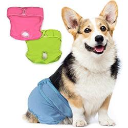 SunGrow Thin Washable Dog Diapers, Fits 9-15 Inches Waist, Pink, Blue and Green Color, Reusable, Soft Fabric Dry Easily, Elastic Waist, Easy to Use Touch Fastener, Pack of 3