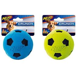 Nerf Dog Soccer Ball Dog Toy with Interactive Crunch, Lightweight, Durable and Water Resistant, 3 Inches, For Small/Medium/Large Breeds, Two Pack, Blue and Green