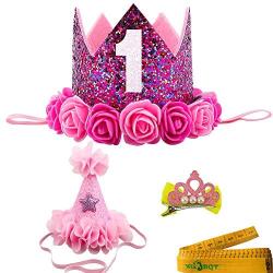 Wiz BBQT 2 Pcs Adorable Cute Crown Shaped Cat Dog Pet 1 Year Birthday Headband and Pink Star Hair Head Bands Accessories for Dogs Cats Pets