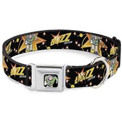 Buckle-Down Dog Collar Seatbelt Buckle Toy Story Buzz Lightyear Running Stars Black Orange Yellow Available in Adjustable Sizes for Small Medium Large Dogs