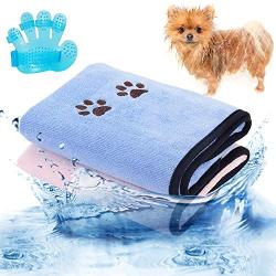 Legendog Dog Towels, 2PCS Super Absorbent Pet Bath Towel Microfiber Dog Drying Towel for Small, Medium, Large Dogs and Cats, Dog Towel for Indoor and Outdoor with Pet Bath Brush (Blue + Pink)