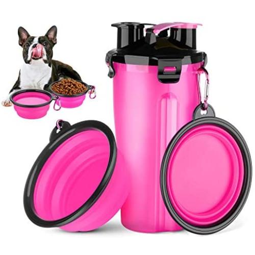 HETH Dog Travel Water Bottle, 2 in 1 Portable Dog Water Dispenser and Food Container with 2 Collapsible Bowls for Your Pets Walking and Traveling