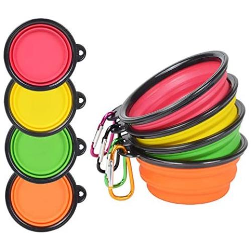 PetBonus 4-Pack Silicone Collapsible Dog Bowls, BPA Free Dishwasher Safe, Portable Foldable Expandable Travel Bowl, Food Water Feeding Cup Dish for Dogs Cats with 4 Carabiners