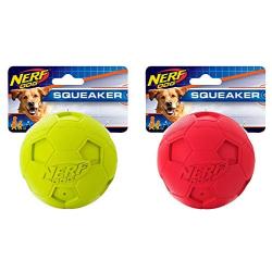 Nerf Dog Soccer Ball Dog Toys with Interactive Squeaker, Lightweight, Durable and Water Resistant, 4 Inches, For Medium/Large Breeds, Two Pack, Green and Red