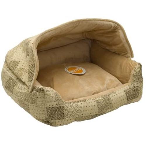 K&H Pet Products Hooded Lounge Sleeper Pet Bed Tan Patchwork