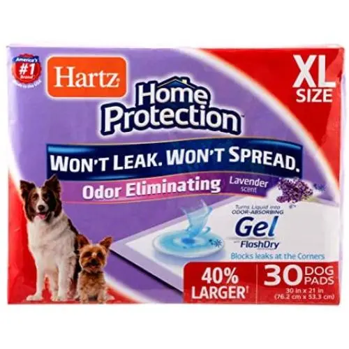 Hartz Home Protection Odor Eliminating Scented Dog Pads, Super Absorbent & Won’t Leak, Lavender Scent, Pad Size & Package Count Varies Hartz Home Protection Odor Eliminating Scented Dog Pads, Super Absorbent & Won’t Leak, Lavender Scent, Pad Size & Package Count Varies