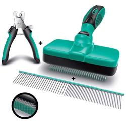 Ruff N Ruffus Self-Cleaning Slicker Brush + FREE Pet Nail Clippers + FREE 7.5'' Steel Comb | UPGRADED PAIN-FREE BRISTLES | Cat Dog Brush Grooming Gently Reduces Shedding & Tangling For All Hair Types