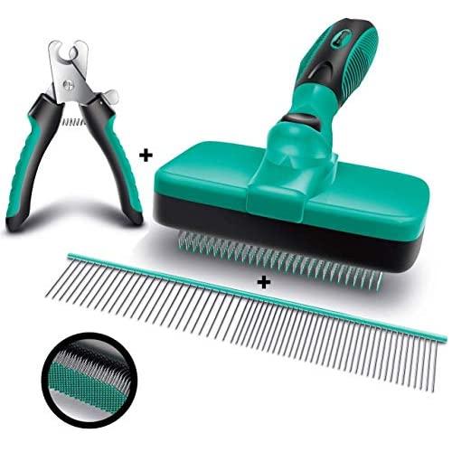 Ruff N Ruffus Self-Cleaning Slicker Brush + FREE Pet Nail Clippers + FREE 7.5'' Steel Comb | UPGRADED PAIN-FREE BRISTLES | Cat Dog Brush Grooming Gently Reduces Shedding & Tangling For All Hair Types