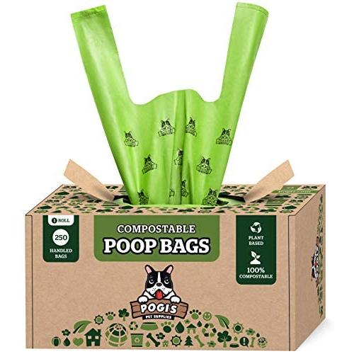Pogis Compostable Poop Bags - 250 Dog Poop Bags with Easy-Tie Handles - Leak-Proof, Plant-Based, ASTM D6400 Certified Home Compostable Waste Bags for Dogs