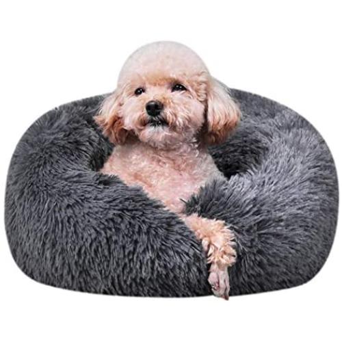 Calming Shag Faux Fur Donut Cuddler Dog Bed Cat Bed Self Warming Autumn Winter Indoor Snooze Sleeping Bed Soft Fluffy Plush Round Pet Bed for Small Medium Dogs and Cats, Anti-Slip Waterproof Base