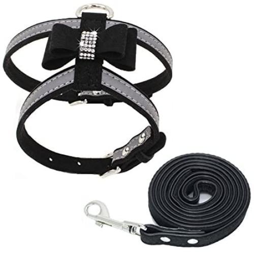 PETCARE Diamonds Bow Tie Dog Harness Vest and Leash Set Reflective Soft Microfiber Pet Dog Harness Adjustable Cute Fancy Bling Rhinestone Sparkly Collar Leash Set for Puppy Small Dogs Cats