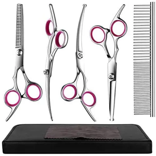 BRAINYS Professional Dog Grooming Scissors Kit, Japanese Craftsmanship Heavy Duty 6 in1 Set- Genuine Superior 4CR Stainless Steel with Safety Tips BRAINYS Professional Dog Grooming Scissors Kit, Japanese Craftsmanship Heavy Duty 6 in1 Set- Genuine Superior 4CR Stainless Steel with Safety Tips